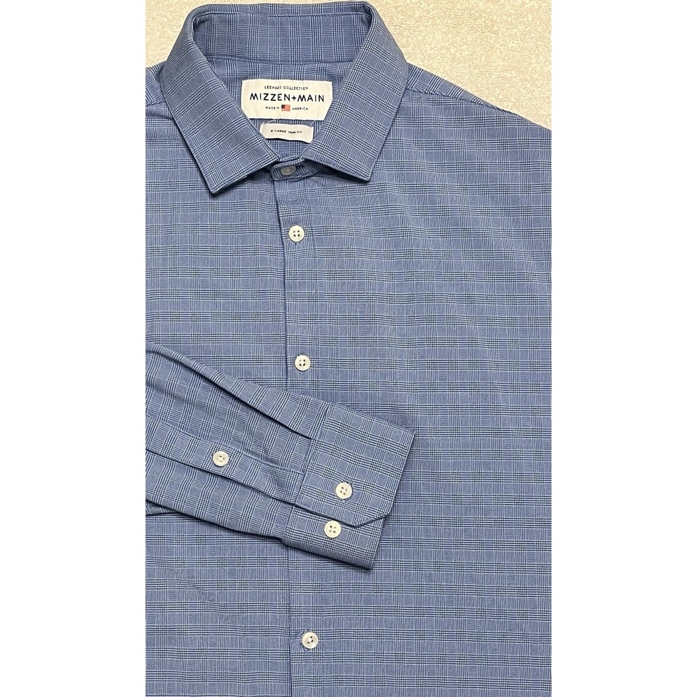 Mizzen + Main Leeward Men's Long Sleeve Shirt XL Trim Fit Oxford Blue Glen Plaid